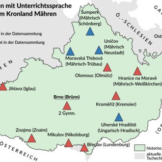 Eine Karte mit Gymnasien mit Unterrichtssprache Deutsch im Kronland Mähren im Jahr 1914.